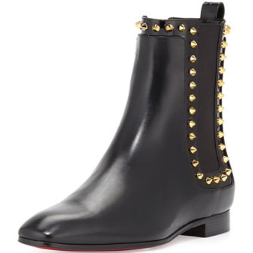Christian Louboutin Black Leather Studded Red Sole Chelsea Boots Ankle Booties